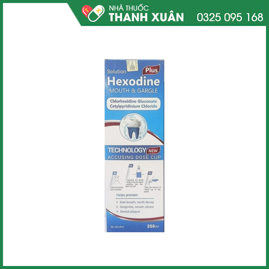 Dung dịch súc miệng Hexodine Plus giúp làm sạch khoang miệng, khử mùi hôi miệng, hỗ trợ viêm lợi, nhiệt miệng, mảng bám răng